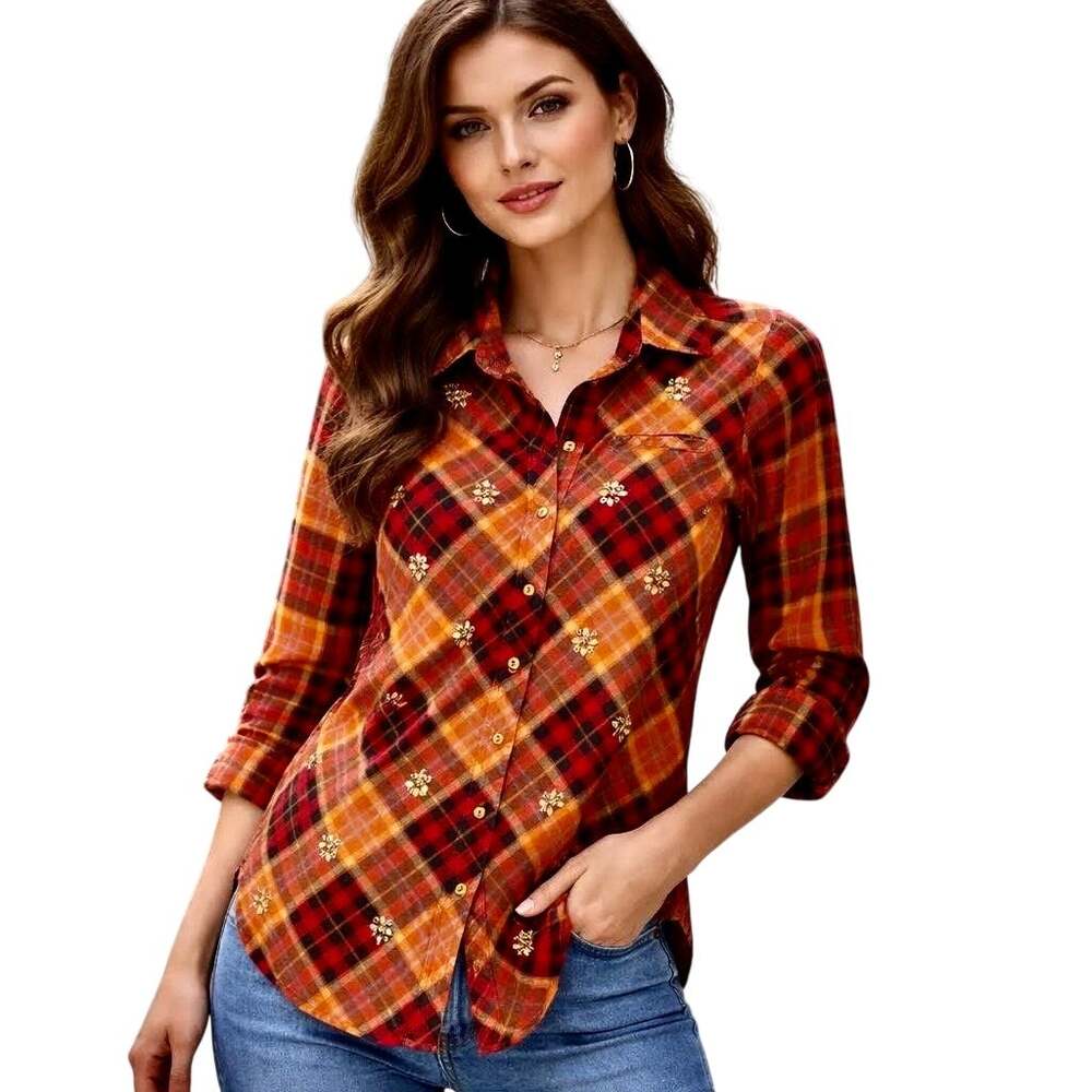 Soft Surroundings Jeweled Rhinestone Plaid Flannel Shirt Blouse Indie Preppy